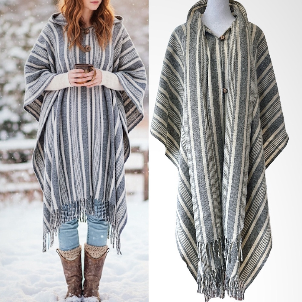 VINTAGE Confecciones ARTILANA Wool Stripped Fringe Boho Western Rustic Poncho OS
